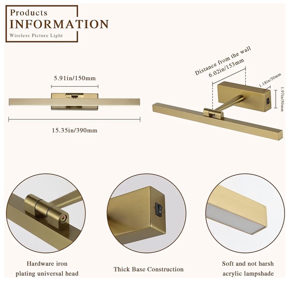 Brass Wireless Picture Light with Remote - Picture 3 of 6